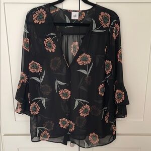 CAbi Black Pink Ruffled Blouse